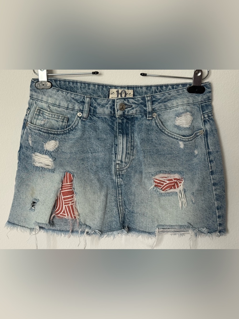 We The Free Light Wash Denim Mini Skirt with Red Pocket Patches